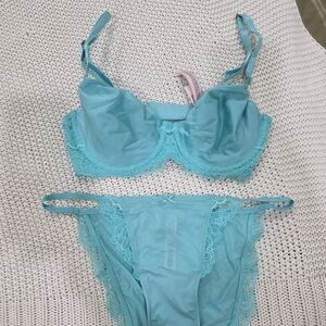 Victorias Secret Wicked Unlined Lace Balconette Bra 32D With Panty Set Aqua